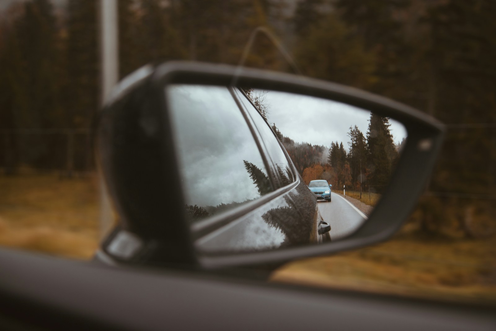 A car's side view mirror reflecting a road and trees